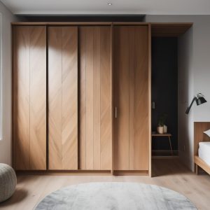 Wooden wardrobe with black marble doors in scandinavian style interior design of modern bedroom